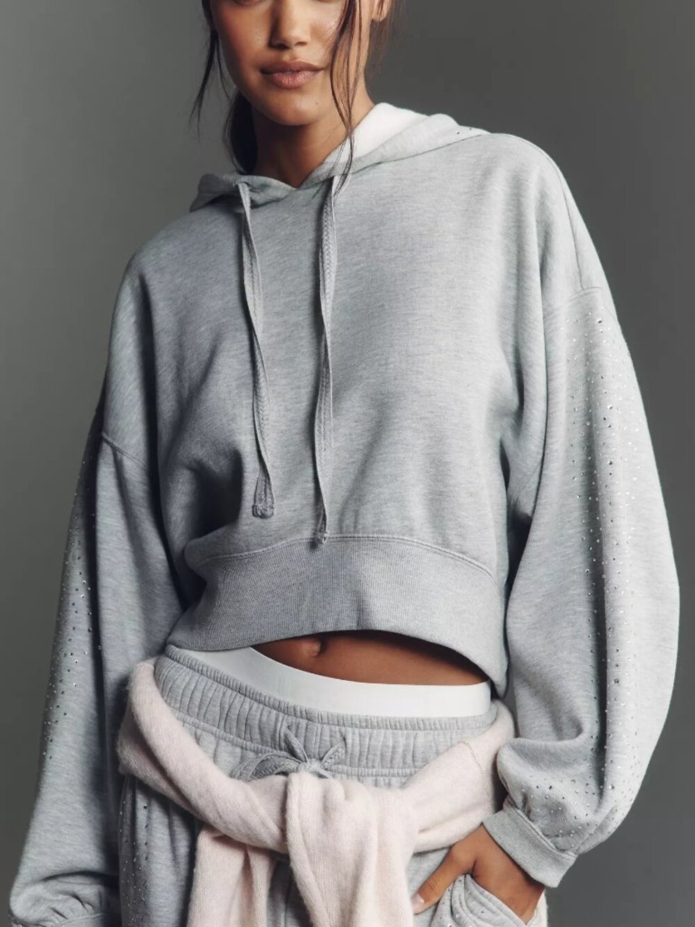 Anthropologie Daily Practice Rhinestone Lace Hooded Sweatshirt Heather Grey M